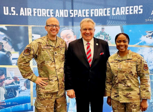 Lt. Col. Adrian Zollinger, Commander 317th Recruiting Squadron; Bob Hill, D.W. Steele Sr. Chapter Secretary; CMSgt Ladiwina Gilly, 317th Recruiting Squadron Senior Enlisted Leader, at the Squadron’s Training Session June 26, 2024.