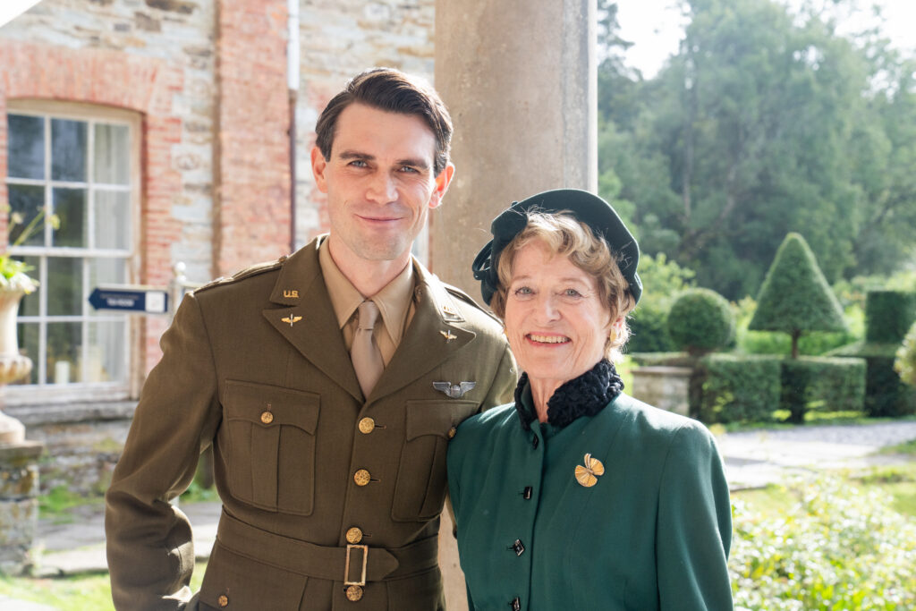 Jimmy Stewart's daughter, Kelly Stewart Harcourt, and KJ Apa on the set of JIMMY.